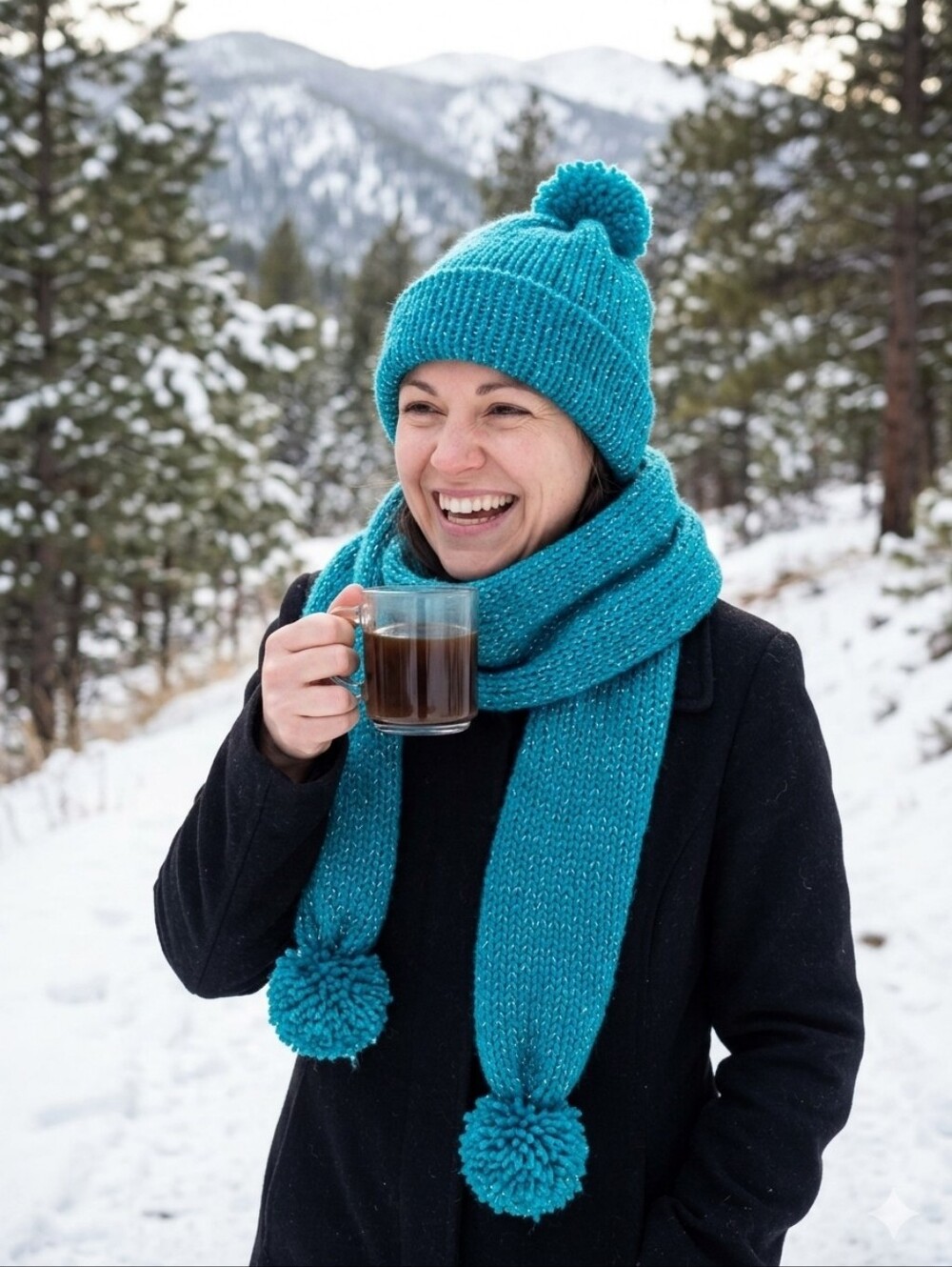 Women's Teal Knit Pom-Pom Beanie and Scarf Set